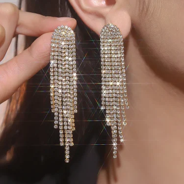 FYUAN Fashion Long Tassel Drop Earrings for Women Black Gold Silver Color Rhinestone Dangle Earring Wedding Party Jewelry 5