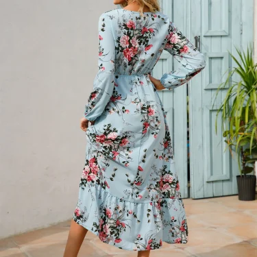 Women Floral Printed Maxi Dresses Spring Summer Casual O Neck Full Sleeve High Waist A Line Boho Beach Party Long Dress Vestidos 6