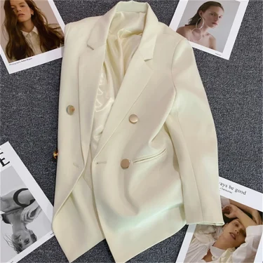 Women's Elegant Metal Buckle White Suit Jacket Casual Office lady Blazer High-end Feel Western-style Clothes Spring Autumn 1