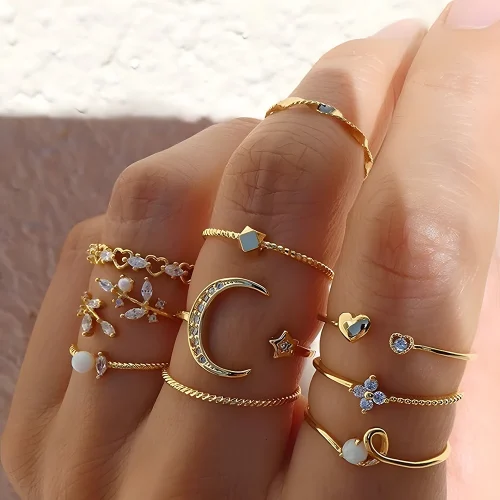 10Pcs Rings Suit For Women Gold-color Chain Ring Set Bohemian Style Coin Snake Moon Star Party Leaves Love Trend Gift Jewelry 1