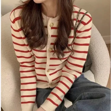 Stripe Knitted Cardigan Women Spring Autumn O-neck Single Breasted Long Sleeve Crop Tops Fashion Casual Chic Female Sweaters 6
