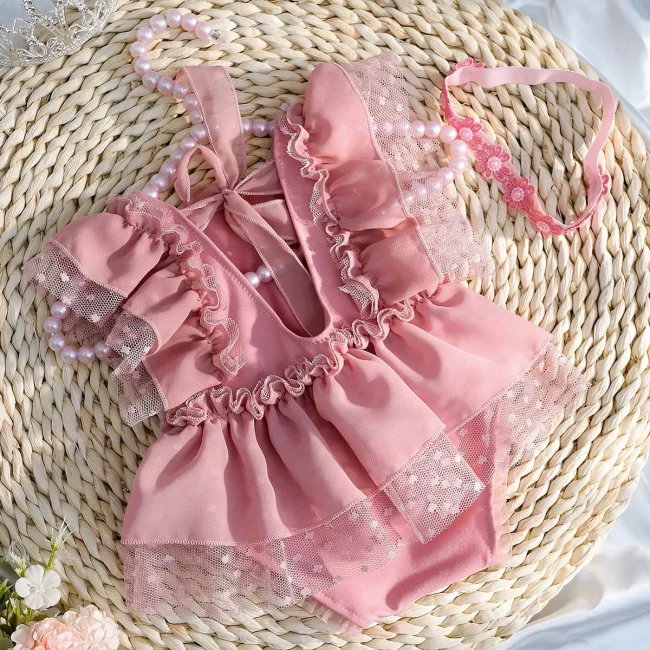 Ylsteed 2 Pieces Set Dusty Pink Chiffon Newborn Romper with Bow Hairband Dot Lace Baby Photography Outfits 5
