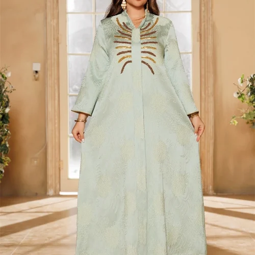 Siskakia Ramadan Dubai Embroidery V-Neck Abaya For Muslim Women's Beading Floral Print Kaftan Moroccan Polyester Dresses 1