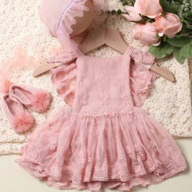 Ylsteed Newborn Girl Photography Outfits(Romper+Hat+Shoes) Baby Lace Romper with Match Hat and Mini Shoes Infant Posing Props 4