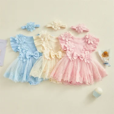 3D Flower Summer Baby Girls Romper Princess Mesh Newborn Clothes Lace Patchwork Ruffle Bodysuit Dress Headband Kids Clothing 3