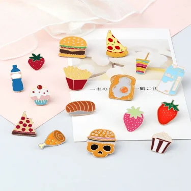 Enamel Pins Cartoon Food Brooch for Women Gift Jackets Lapel Denim Badge Egg Hamburger Fries Strawberry Cake Kids Favorite Pin 4