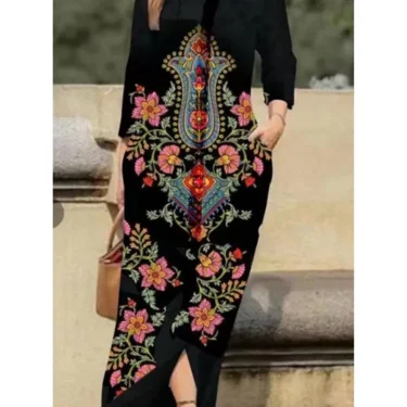 Vintage Flower Print Loose Shirt Dress Autumn Fashion Lapel Collar Button Dress Women Casual Long Sleeve Pocket Maxi Dresses 3