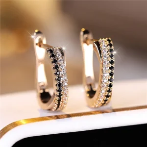 Luxury Female Black White Zircon Stone Clip Earrings Charm Gold Color Wedding Jewelry For Women 1