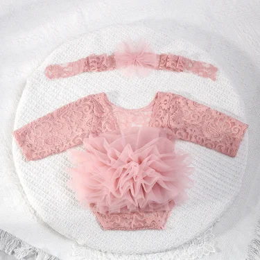 Ylsteed 2 Pieces Set Dusty Pink Newborn Lace Romper for Photo Shooting Fluffy Mesh Lace Photography Outfits with Headband 1