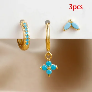 3PCS Exquisite Green Zircon Hanging Earrings Set for Women Stainless Steel Flower Dangle Earring Cartilage Piercing Jewelry 5
