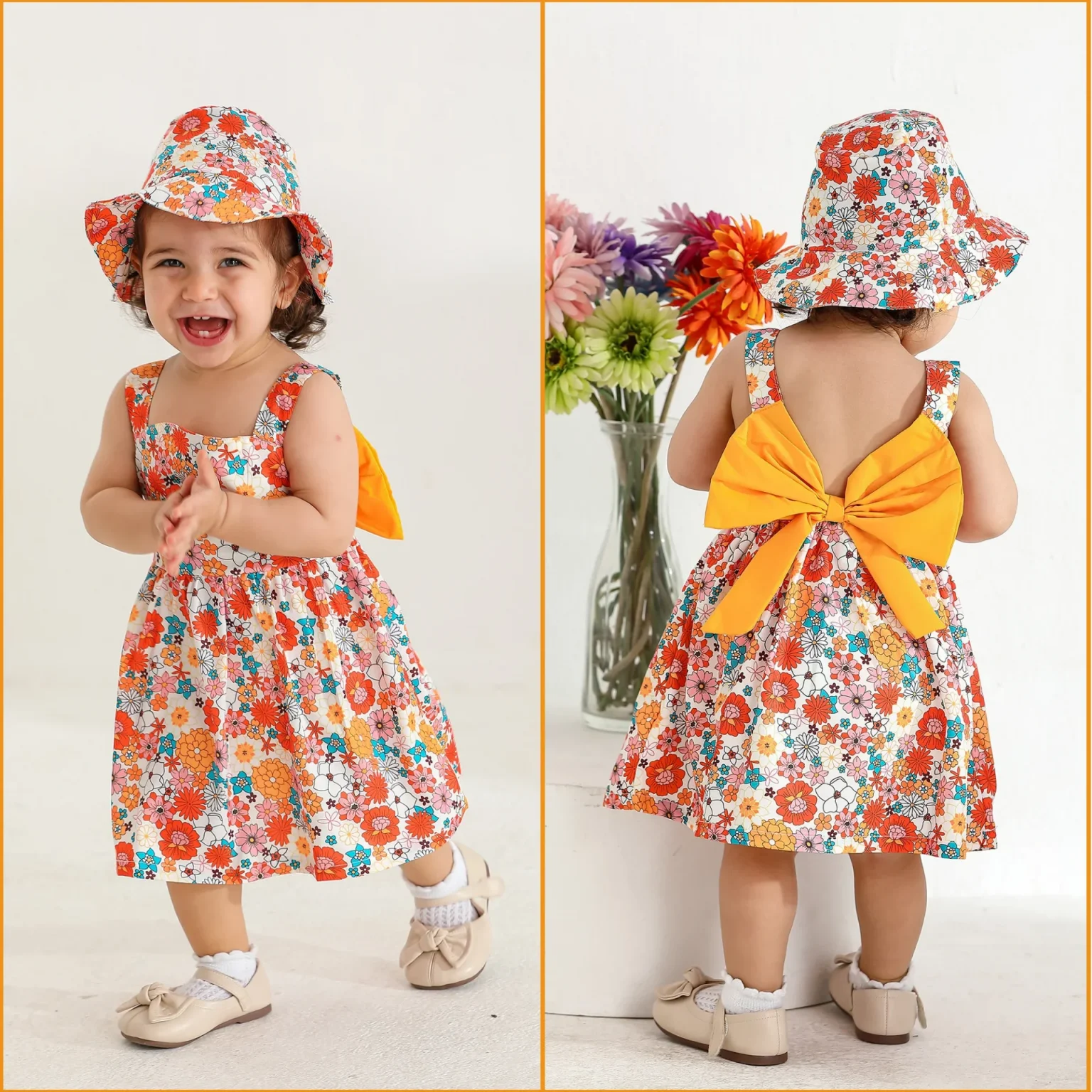 4 Color /2PCS Dress Clothes Set Baby Girl Flower Sleeveless Dress with Bow+Hat Summer Fashion Cute Wear for Toddlers Age 0-3 5