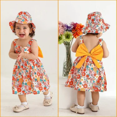 4 Color /2PCS Dress Clothes Set Baby Girl Flower Sleeveless Dress with Bow+Hat Summer Fashion Cute Wear for Toddlers Age 0-3 5