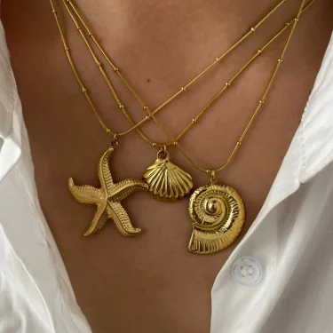 Peri'sbox Minimalist Starfish Stripe Conch Scallop Shaped Pendant Necklace for Women Waterproof Trend Jewelry Summer Beach Party 2
