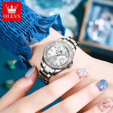 OLEVS Original Diamond Dial Quartz Watch for Women Fashion Ladies Watches Stainless Steel Waterproof Luminous Women's Wristwatch 5