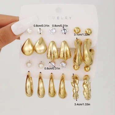 Vintage Classic Gold Plated C Shape Earring Set for Women Geometry Glossy Zircon Pearl Waterdrop Earring Fashion Jewelry Gifts 6