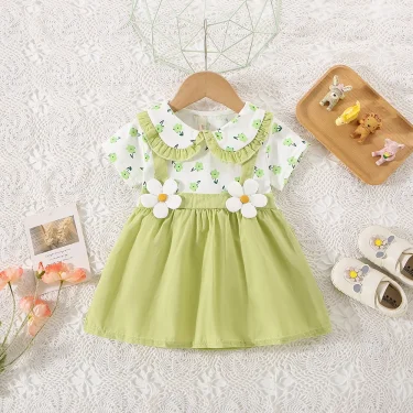 (0-3 Years Old) Summer Baby Girl Cotton Flower Fake Two-Piece Shoulder Strap Dress Girl Cute Short Sleeved Dress 2