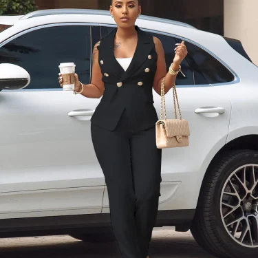 2022 Women Summer Sleeveless Notch Neck Blazers Long Pants Suit Two Piece Set Vintage Office Lady Tracksuit Outfit Overall 2