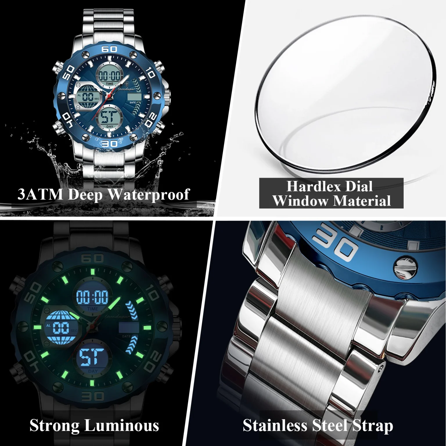 POEDAGAR Sport Wristwatch for Man LED Alarm Dual Time Display Digital Quartz Men Watch Electronic Waterproof Men's Watches Reloj 4