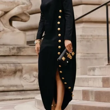 Yeezzi Women's Fashion Buttoned Split-Side High Neck Black Dress 2025 New Long Sleeves Loose Urban Office Commute Maxi Dresses 1
