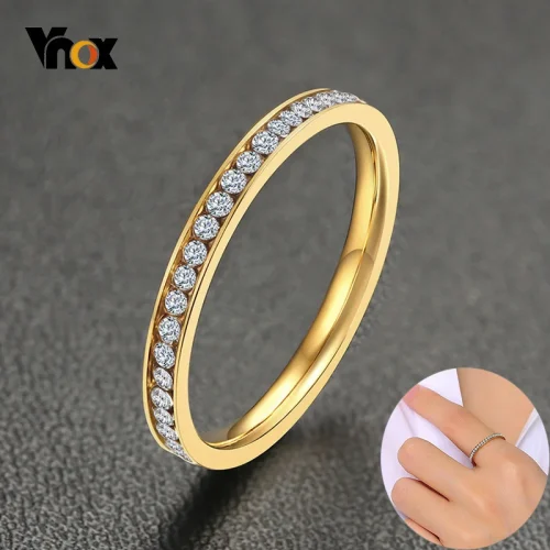 Vnox 2mm Bling CZ Stones Ring for Women Lady Gold Color Stainless Steel Shinny Crystal Finger Band Elegant Jewelry 1