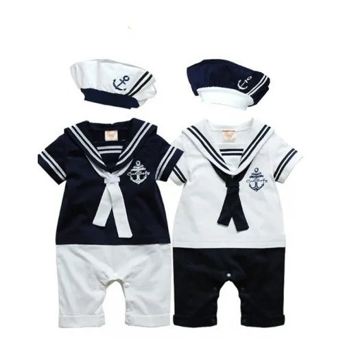 Baby Navy Romper Summer Newborn Kids Boys Girls Sailor Jumpsuit Hat 2Pcs Body Short Sleeve Anchor Printed Suit 1