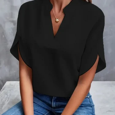 Summer Elegant Women's Blouse New V-neck Short Sleeve Solid Color Loose Shirt Casual White Tops Office Lady Blouses 4