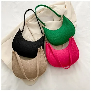 Fashion Women Shoulder Bag Felt PU Leather Solid Color Underarm Bag Crocodile Pattern Crescent Saddle Bag Female Casual Handbags 1
