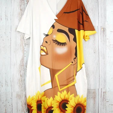 Plus Size Cartoon Woman & Flower Print Dress Casual V Neck Short Sleeve Dress For Spring & Summer Women's Plus Size Clothing 2