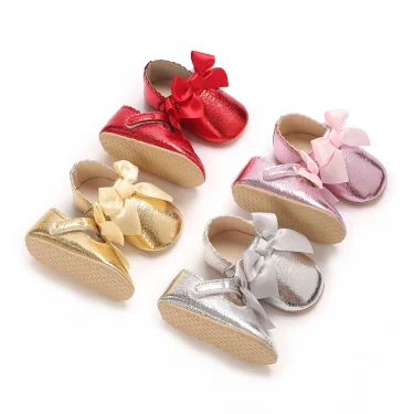 4-color Baby Girl Fashion Solid Color Princess Shoes Comfortable Soft Sole Non-Slip Toddler Shoes Cute Bow Baptism First Walker 1