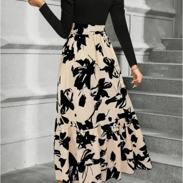 Stylish Color Block Dresses Women Round Neck Long Sleeve Top Floral Printed Dress Autumn Lady Party A Line Dress 3