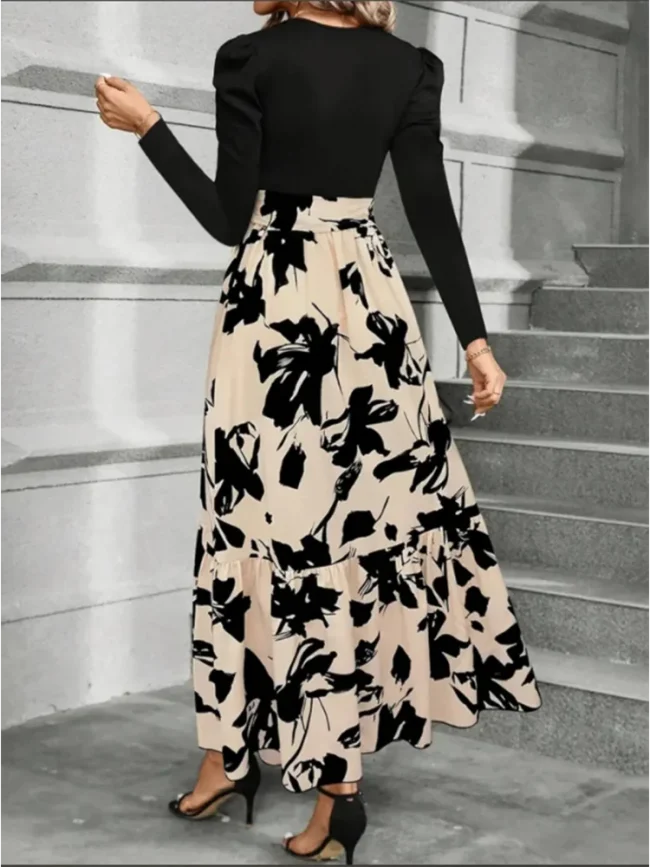 Stylish Color Block Dresses Women Round Neck Long Sleeve Top Floral Printed Dress Autumn Lady Party A Line Dress 3