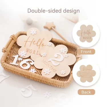 1Set Wooden Baby Month Milestone Card Flower Shape Record Card Newborn Birthday Gift Souvenir Baby Photo Photography Accessories 3