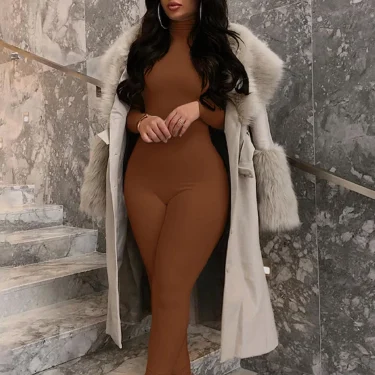 Hugcitar 2024 Fall Long Sleeve Solid Turtleneck Sexy Skinny Bodycon Jumpsuit Women Fashion Streetwear Casual Romper Overalls 3