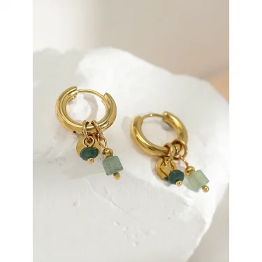 YACHAN 18K Gold Plated Stainless Steel Hoop Earrings for Women Vintage Green Natural Stone Charms Trendy Waterproof Jewelry 3