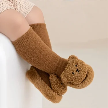Autumn Winter Infant Leather Sole Shoes Mink Velvet Thicken Warm Newborn Baby Walking Socks Shoe Cartoon Bear Kids Floor Socken 3