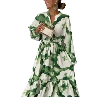 New Women's Long sleeve dress With Fashionable Floral print V-neck and Adjustable Waist Size A-line dress Women's casual wear 4