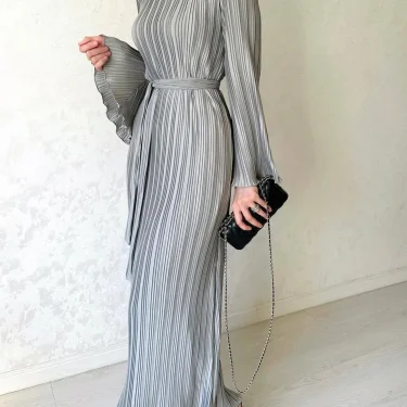 LANMREM Elegant Pleated Dress Women Round Neck Belt Gathered Waist Solid Color Long Dresses Party Spring New 32C330 3