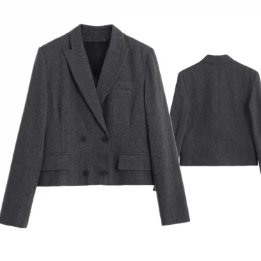 Jenny&Dave Minimalist Grey Double Breasted Short Blazers Women Elegant British Casual Suit Jacket Women Tops 1