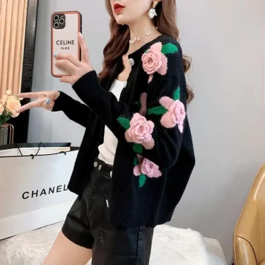 Sweater Female 2023 Spring and Autumn Knitwear Women Heavy Industry Rose Blossom Embroidery Contrast Sweater Coat Cardigan 4