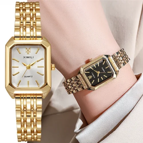 Luxury Ladies Bracelet Quartz Wristwatch Simple Scale Square Quality Gold Plated Women Watches Business Alloy Folding Clock 1