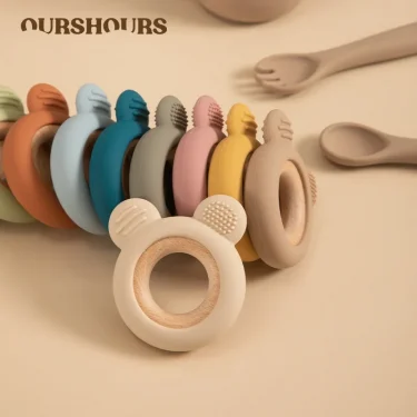 1PC Baby Silicone Wooden Teether Ring Cute Bear Infant Nursing Teething Toys Newborn Health Care Chewing Toy Baby Accessories 1