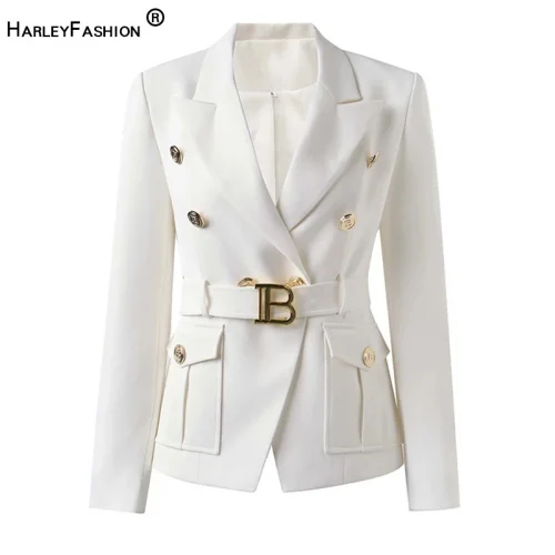 Factory Customize Luxury Quality Classic Style Office White Black Women Pocket Blazers with Blet 1