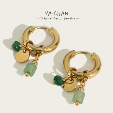 YACHAN 18K Gold Plated Stainless Steel Hoop Earrings for Women Vintage Green Natural Stone Charms Trendy Waterproof Jewelry 1