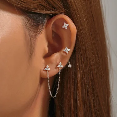 Aide 925 Sterling Silver 3pcs Set Two Stud Tassel K Gold Chain Flower Zircon Earrings For Women Fine Jewelry Valentine Day Gift 2