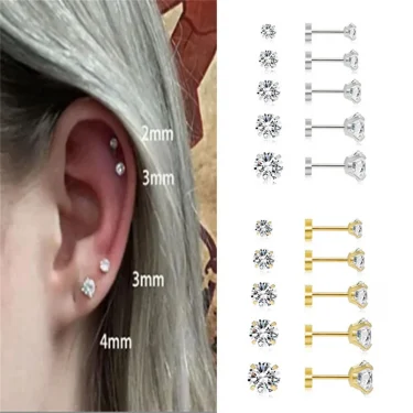 3/5/6/10pcs Hypoallergenic Stainless Steel Flat Back Stud Cartilage Earrings,Cubic Zerconia Daith Tragus Rook Screw Back Earings 1