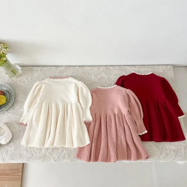 Korean Autumn Winter Baby Girls Dress Cotton Knittted Lantern Sleeve Ruched Princess Toddler Girls Dress Kids Girls Knitwears 3