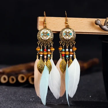 Bohemian Vintage Jewelry For Women 2025 Trendy Carved Leaf Feather Tassel Long Earrings 3