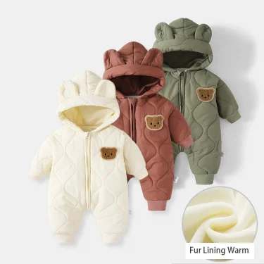 ﻿ Winter Baby Outwear Clothing Fur Lining Warm Toddler Girl's Boy's Rompers Cartoon Bear Infant Jumpsuit 1