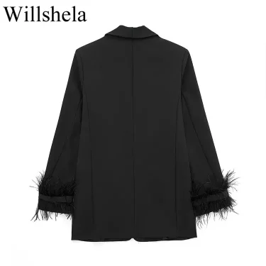 Willshela Women Fashion Satin Black With Feather Blazer Jacket Vintage Notched Neck Single Button Long Sleeves Female Outfits 2