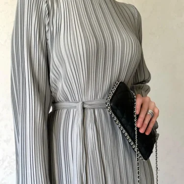 LANMREM Elegant Pleated Dress Women Round Neck Belt Gathered Waist Solid Color Long Dresses Party Spring New 32C330 4